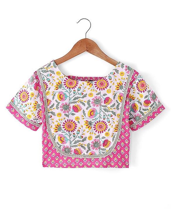 Pine Kids Cotton Knit Half Sleeves Choli & Lehenga Set with Dupatta Floral Printed - Pink