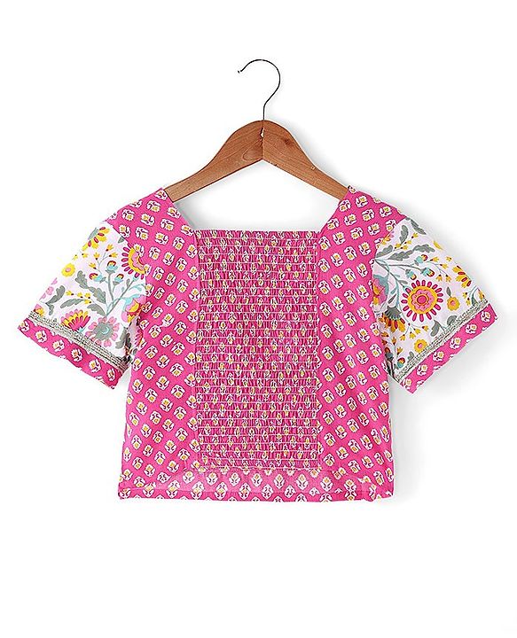 Pine Kids Cotton Knit Half Sleeves Choli & Lehenga Set with Dupatta Floral Printed - Pink