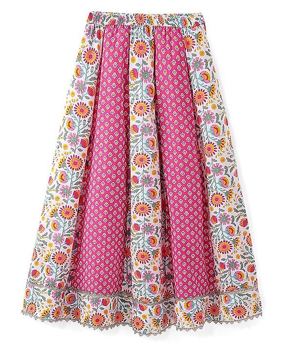 Pine Kids Cotton Knit Half Sleeves Choli & Lehenga Set with Dupatta Floral Printed - Pink