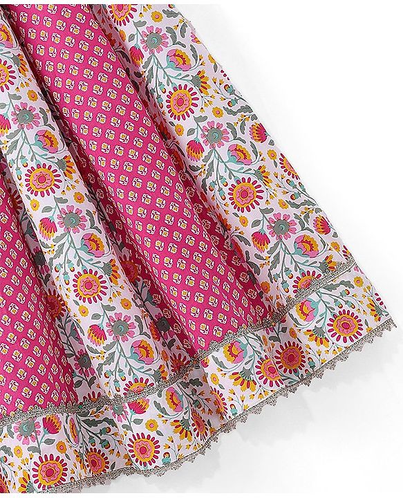 Pine Kids Cotton Knit Half Sleeves Choli & Lehenga Set with Dupatta Floral Printed - Pink