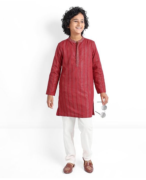 Pine Kids Cotton Full Sleeves Kurta & Pyjama Set Striped - Maroon & White