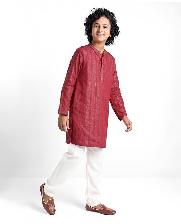 Pine Kids Cotton Full Sleeves Kurta & Pyjama Set Striped - Maroon & White