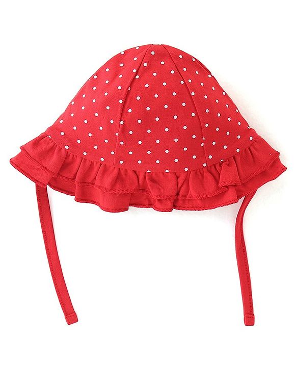 Babyhug 100% Cotton Knit Baby Cap With Polka Dot Print - Red