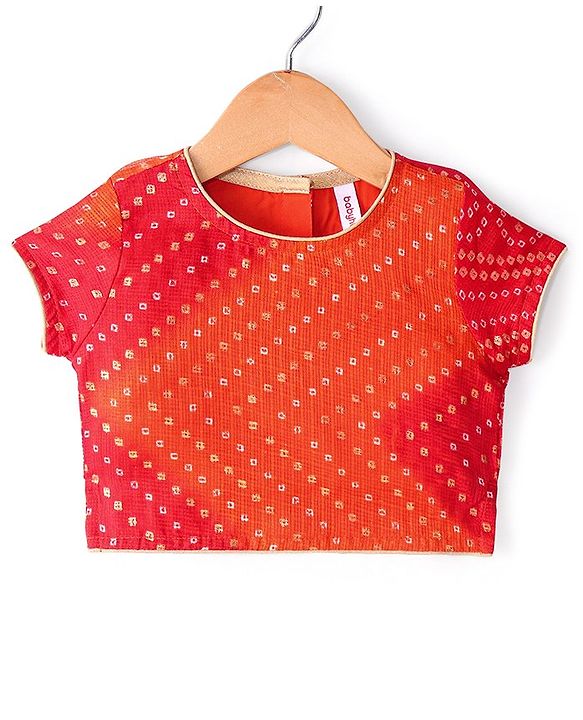 Babyhug Woven Half Sleeves Kotta Printed Choli & Lehenga Set with Dupatta & Border Detailing - Orange