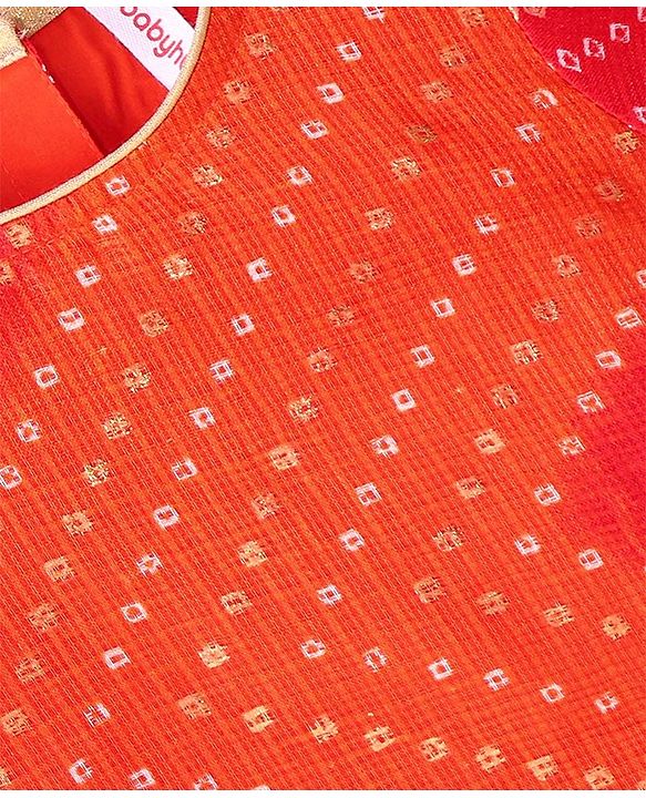 Babyhug Woven Half Sleeves Kotta Printed Choli & Lehenga Set with Dupatta & Border Detailing - Orange