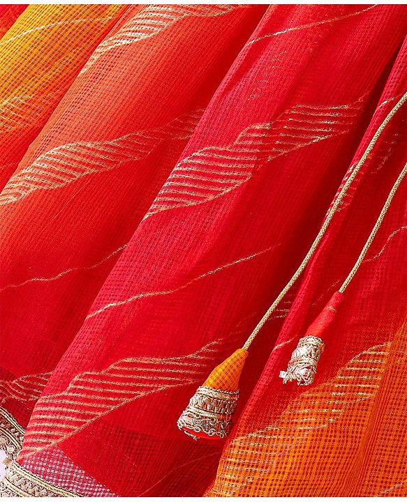 Babyhug Woven Half Sleeves Kotta Printed Choli & Lehenga Set with Dupatta & Border Detailing - Orange