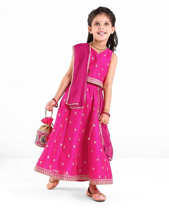 Babyhug Woven Sleeveless Choli With Lehenga & Dupatta Set Floral Embroidery - Pink