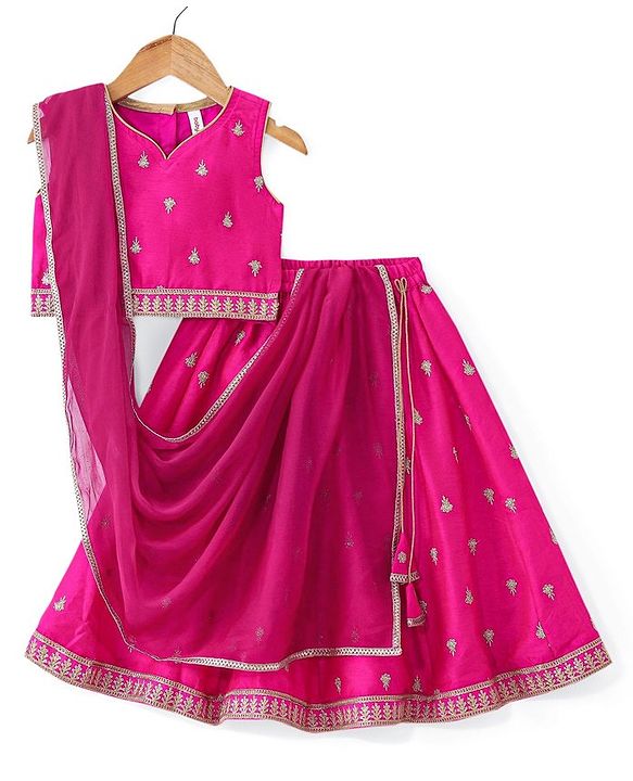 Babyhug Woven Sleeveless Choli With Lehenga & Dupatta Set Floral Embroidery - Pink