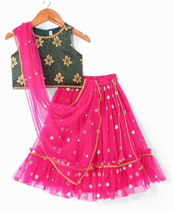 Babyhug Woven Sleeveless Floral Printed Choli Lehenga Set With Dupatta - Pink