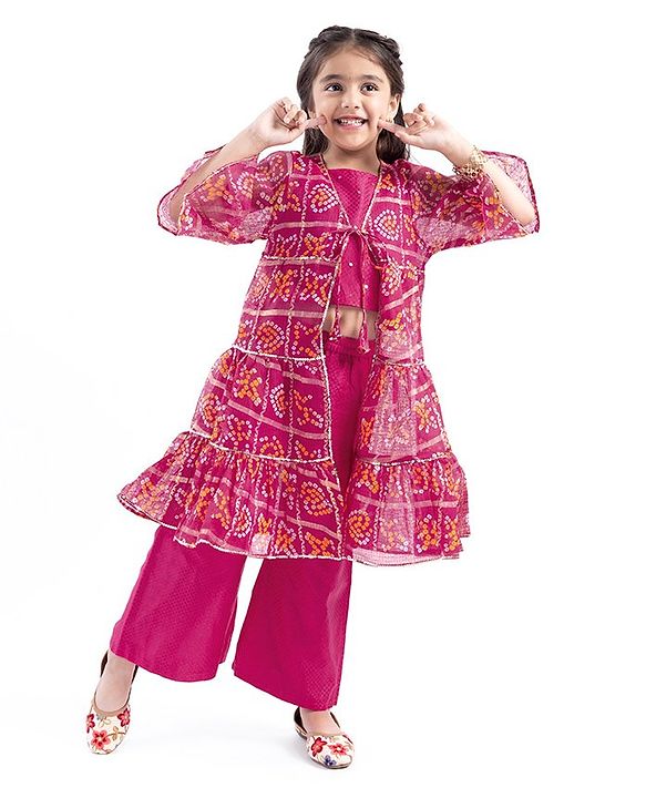 Babyhug Woven  Embroidered Top & Palazzo with Three Fourth Sleeves Printed Jacket - Fuschia Pink