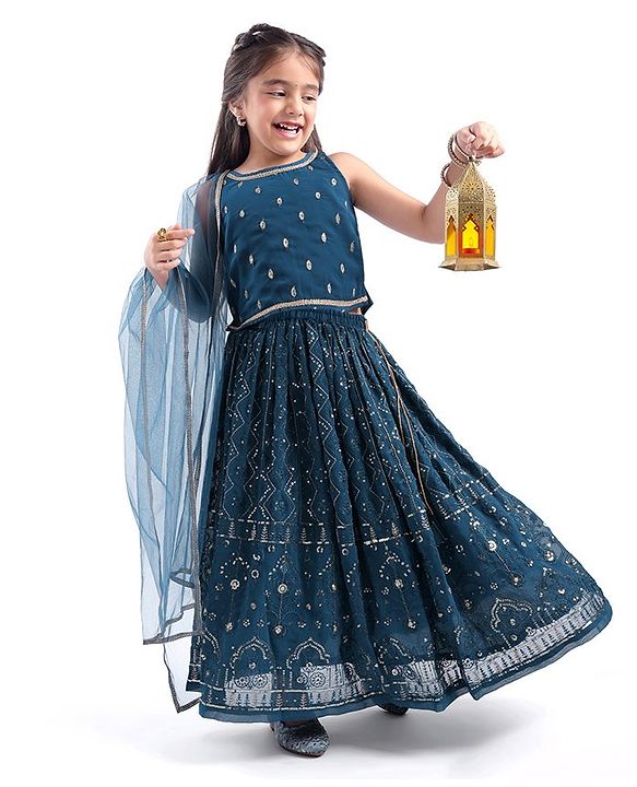 Babyhug Woven Sleeveless Embroiderd Choli Lehenga Set with Dupatta - Teal