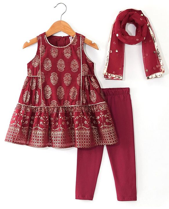 Babyhug Woven Sleeveless Gold Floral Printed Kurti Chudidar and Dupatta Set - Maroon