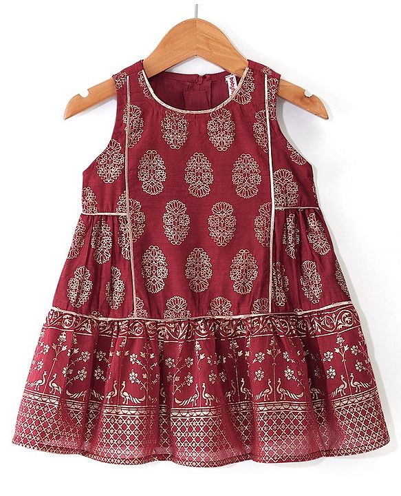Babyhug Woven Sleeveless Gold Floral Printed Kurti Chudidar and Dupatta Set - Maroon