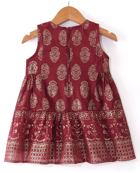 Babyhug Woven Sleeveless Gold Floral Printed Kurti Chudidar and Dupatta Set - Maroon