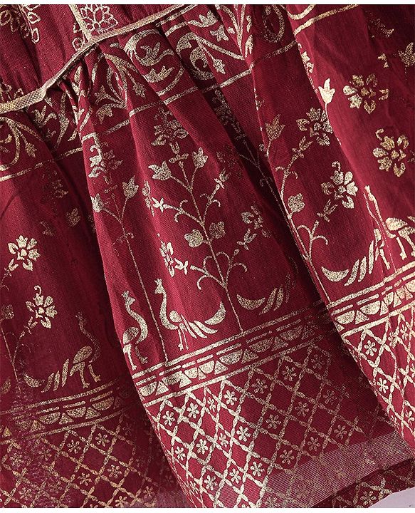 Babyhug Woven Sleeveless Gold Floral Printed Kurti Chudidar and Dupatta Set - Maroon