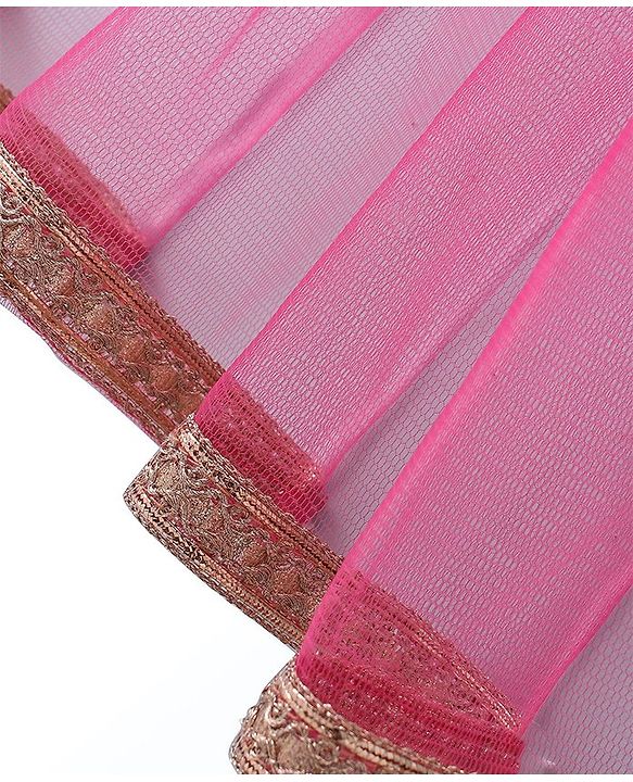 Babyhug Woven Sleeveless Embroidered Choli With Foil Printed Lehenga & Dupatta Set - White & Pink