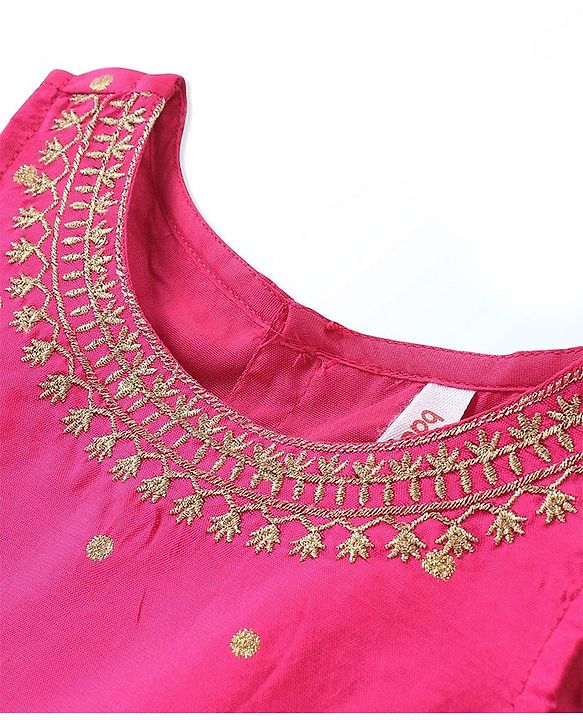 Babyhug Woven Sleeveless Embroidered Choli With Foil Printed Lehenga & Dupatta Set - White & Pink