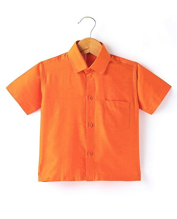 Babyhug Woven Half Sleeves Shirt & Mundu Set Solid Color - Orange