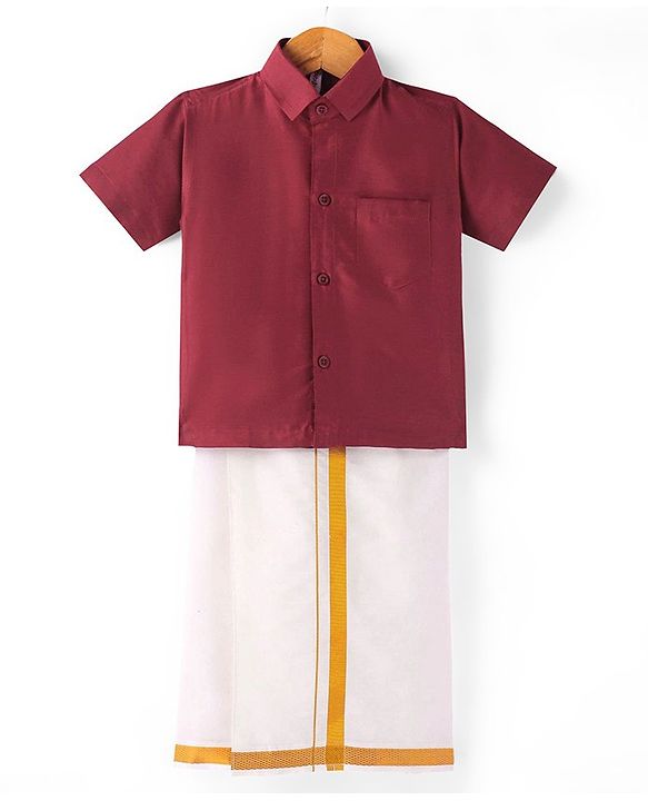 Babyhug Woven Half Sleeves Shirt & Mundu Set Solid Colour - Red