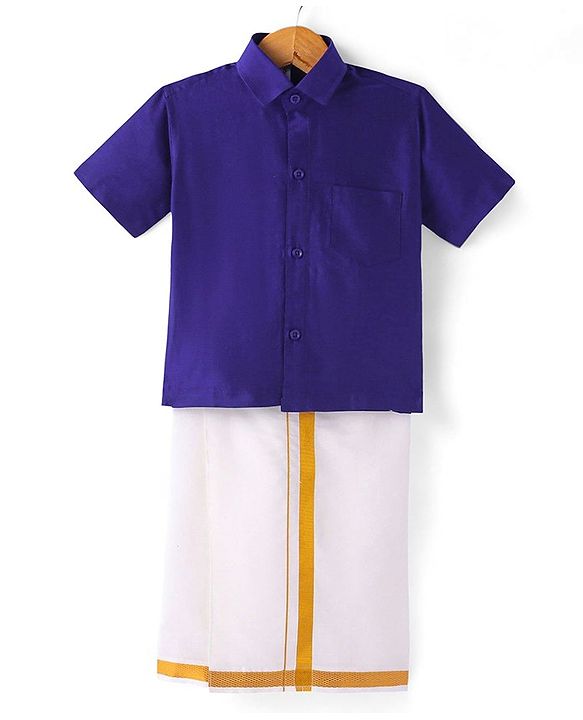 Babyhug Woven Half Sleeves Shirt & Mundu Set Solid Color - Blue
