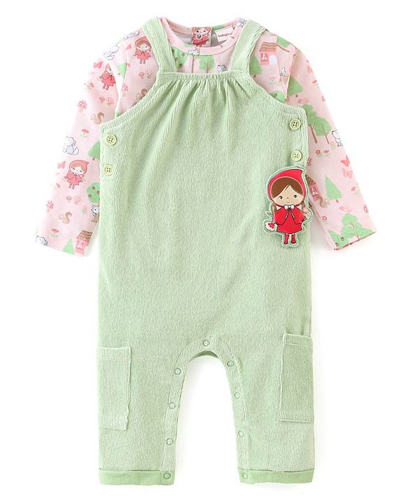 Babyhug Cotton Knit Dungaree with Full Sleeves Inner Tee Scenery Print - Pink & Green