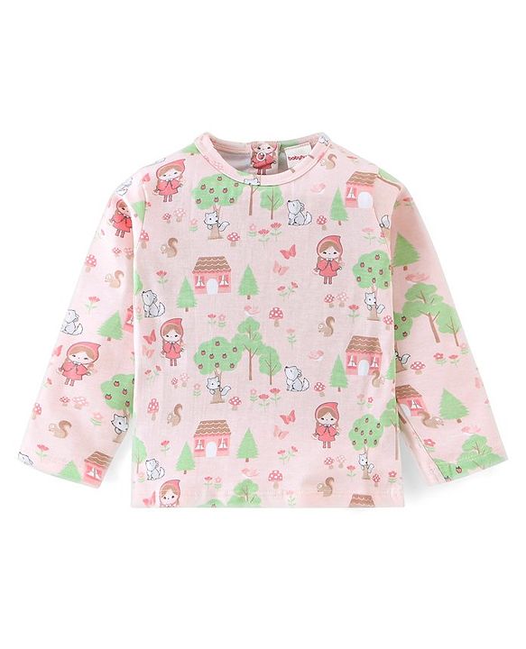 Babyhug Cotton Knit Dungaree with Full Sleeves Inner Tee Scenery Print - Pink & Green