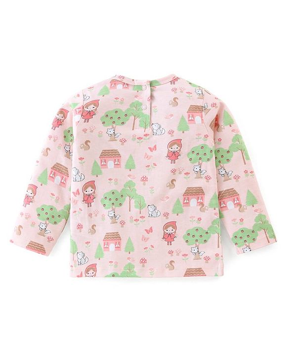 Babyhug Cotton Knit Dungaree with Full Sleeves Inner Tee Scenery Print - Pink & Green