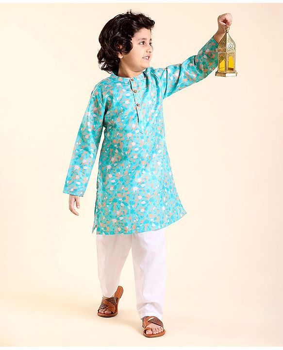 Babyhug Cotton Woven Full Sleeves Kurta Pyjama Set Printed - Blue & White