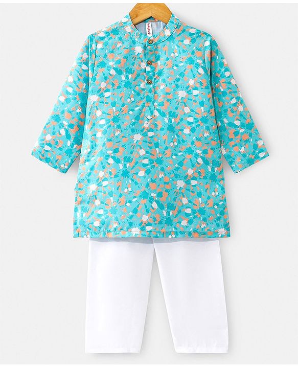 Babyhug Cotton Woven Full Sleeves Kurta Pyjama Set Printed - Blue & White