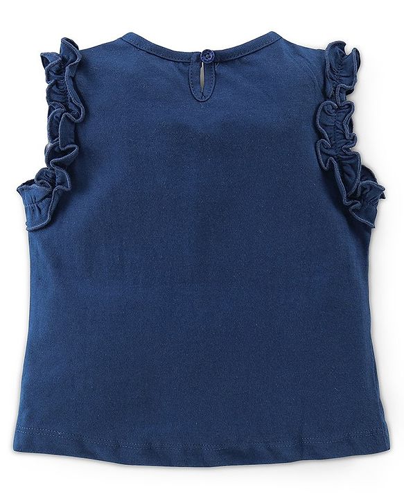 Babyhug Cotton Knit Frill Sleeves Text Graphics Top - Navy Blue