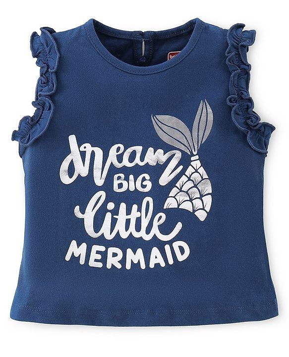 Babyhug Cotton Knit Frill Sleeves Text Graphics Top - Navy Blue
