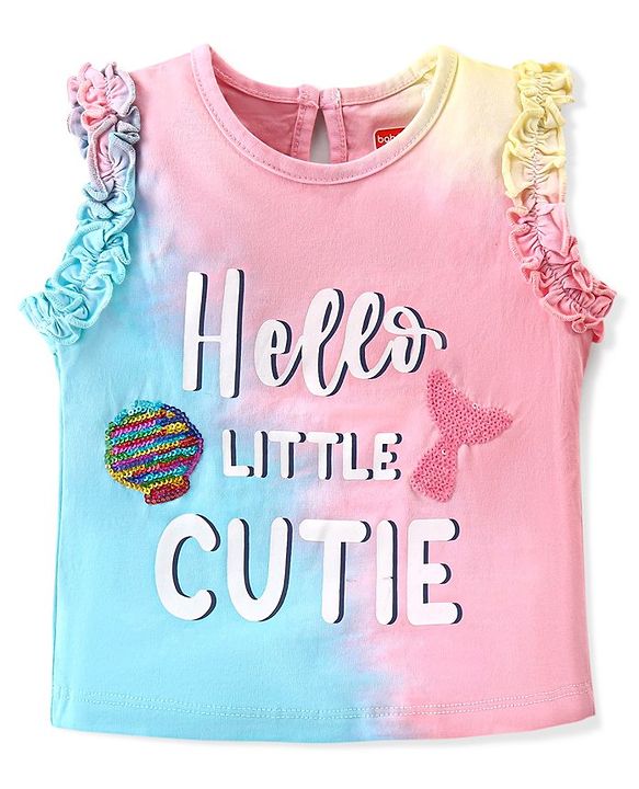 Babyhug Cotton Knit Sleeveless Tie & Dye Top with Text Print & Sequins- Pink & Blue