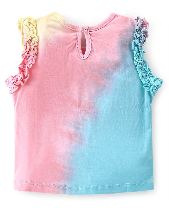 Babyhug Cotton Knit Sleeveless Tie & Dye Top with Text Print & Sequins- Pink & Blue