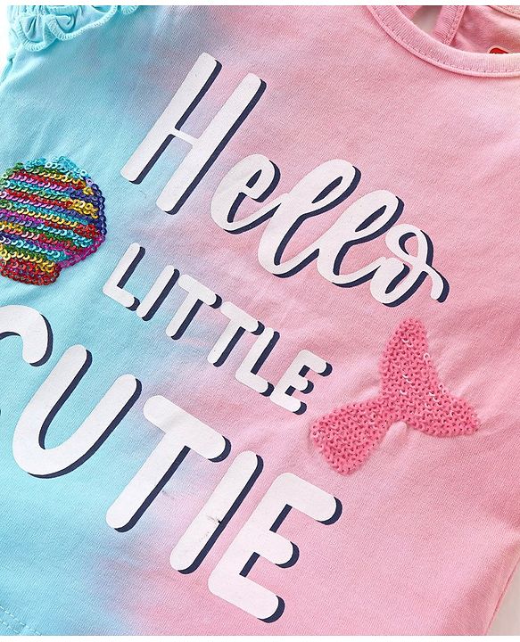 Babyhug Cotton Knit Sleeveless Tie & Dye Top with Text Print & Sequins- Pink & Blue