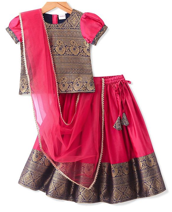 Babyhug Half Sleeves Choli & Pattu Pavada Lehenga  with Dupatta Set Foil Printed - Fuchsia