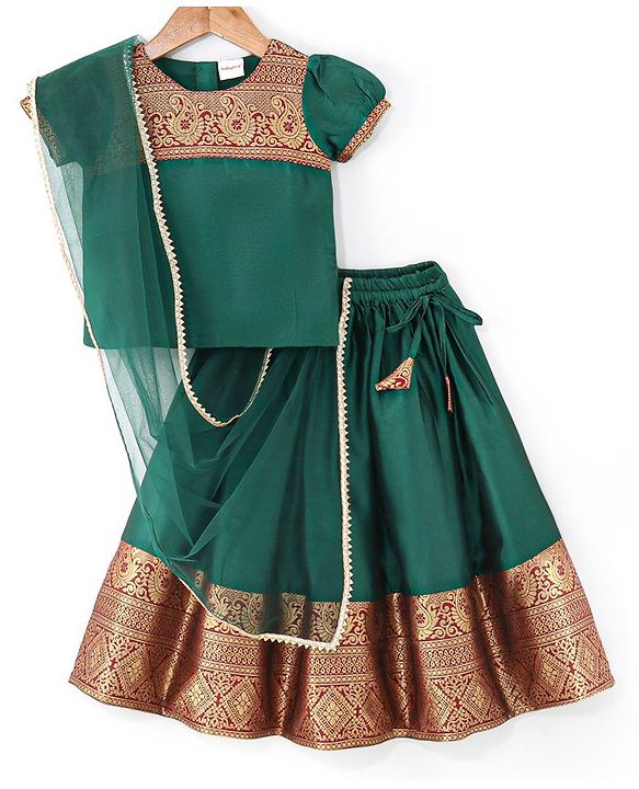 Babyhug Half Sleeves Choli & Pattu Pavada Lehenga  with Dupatta Set Foil Printed - Green