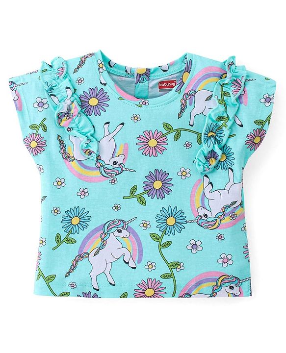 Babyhug Cotton Knit Half Sleeves Top with Unicorn Graphics Print - Light Blue