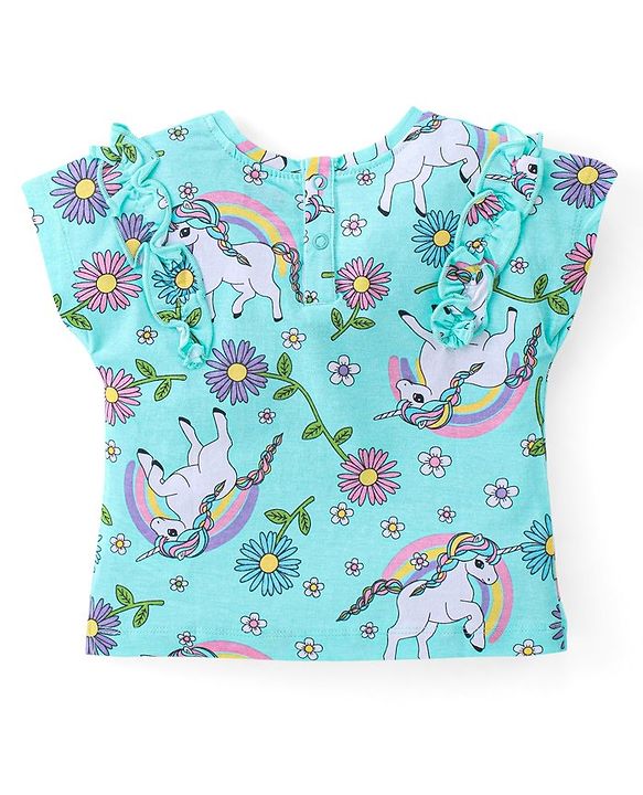 Babyhug Cotton Knit Half Sleeves Top with Unicorn Graphics Print - Light Blue