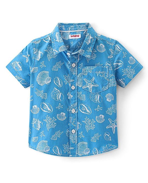 Babyhug Cotton Woven Half Sleeves Shirt Sea Theme  Print- Blue