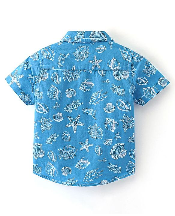 Babyhug Cotton Woven Half Sleeves Shirt Sea Theme  Print- Blue