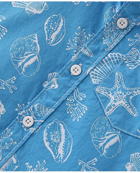 Babyhug Cotton Woven Half Sleeves Shirt Sea Theme  Print- Blue