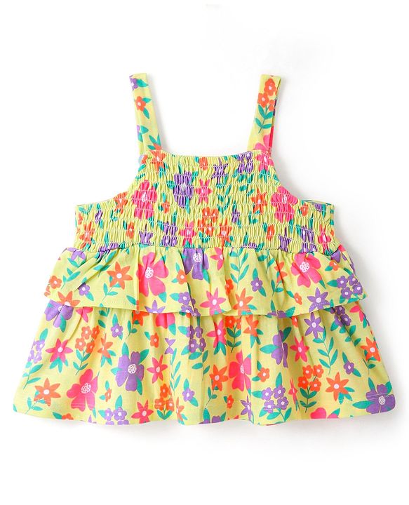 Babyhug 100% Cotton Knit Sleeveless Top with Smocking and Floral Print - Multicolour