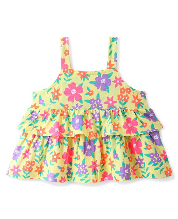 Babyhug 100% Cotton Knit Sleeveless Top with Smocking and Floral Print - Multicolour