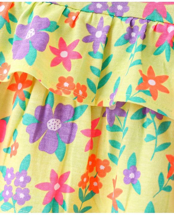 Babyhug 100% Cotton Knit Sleeveless Top with Smocking and Floral Print - Multicolour