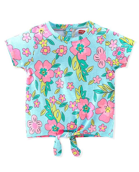 Babyhug 100% Cotton Half Sleeves T-Shirt with Knot Floral Print - Blue
