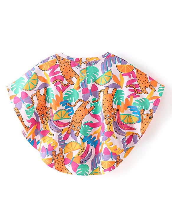 Babyhug Cotton Knit Half Sleeves Kitty & Tropical Printed Top - Multicolour