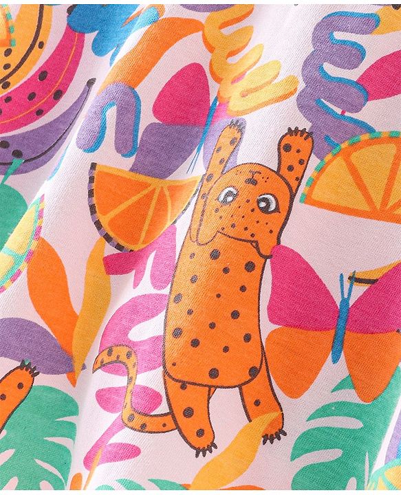Babyhug Cotton Knit Half Sleeves Kitty & Tropical Printed Top - Multicolour