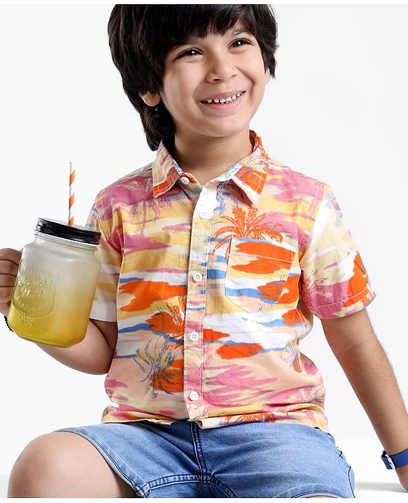 Babyhug Cotton Woven  Half Sleeves Shirt Beach Theme Print - Multicolour