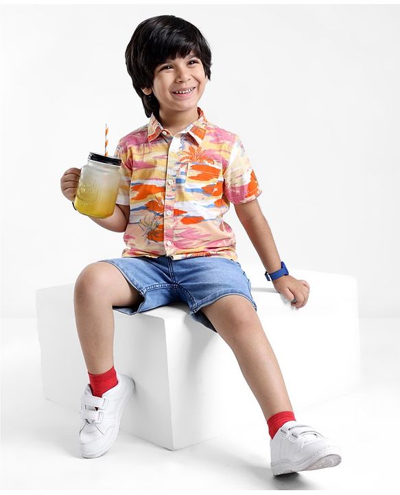 Babyhug Cotton Woven  Half Sleeves Shirt Beach Theme Print - Multicolour