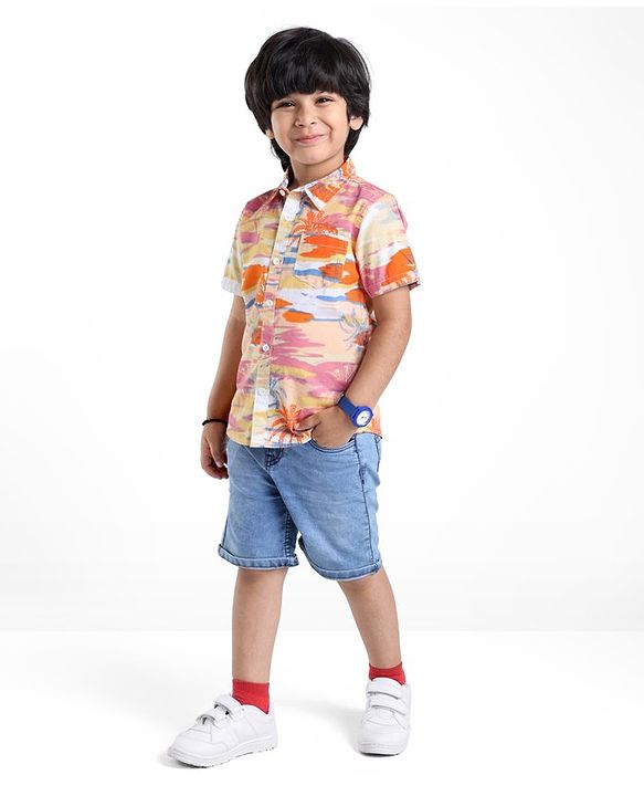 Babyhug Cotton Woven  Half Sleeves Shirt Beach Theme Print - Multicolour